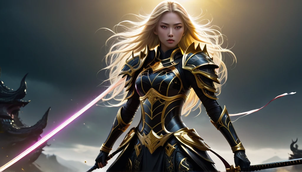 a princess with black and gold sumai armor, shougan armor, holding a long katana, vibrant neon light on her body, glassy yellow eyes, blonde long hair, fighting with many monsters, epic landscape, dramatic lighting, cinematic, hyperrealistic, 8k, photorealistic, award winning digital art, intricate details, volumetric lighting, realistic textures, highly detailed