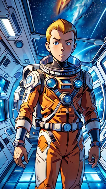 (1man, Tintin,1boy), (extremely detailed CG unit 8k wallpaper),(master part), (best quality), (ultra detail), (best illustration),(Ringo! Style), cowboy shot, (Sharp eyeliner, ombre, detailed eyes:1), Outer Space Station interiors background, ,break , (astronaut in an orange space suit), upper body,short hair ,blonde hair, 