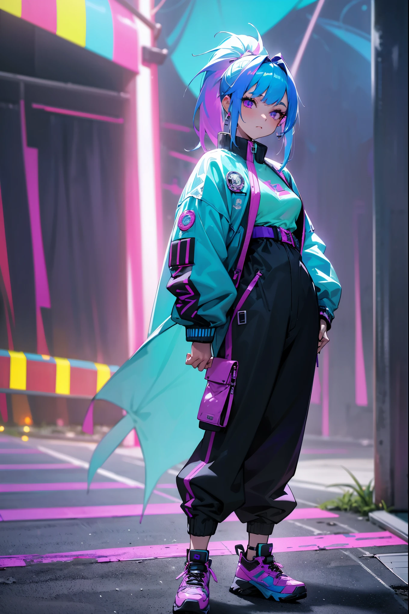 1female, electric blue hair, styled in a sleek half-up ponytail, violet eyes, dynamic expression, oversized silver bomber jacket with holographic patterns, baggy black joggers, trendy white sneakers, a neon-colored fanny pack, vibrant festival background with colorful tents and string lights, detailed face, hands to side, standing on path