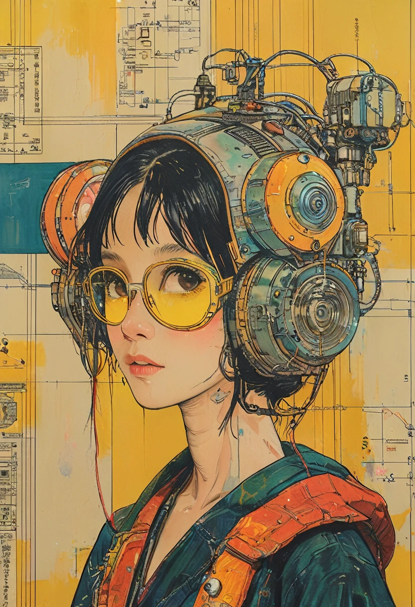 ((Best quality)), ((masterpiece)), (detailed:1.4), 3D, an image of a beautiful cyberpunk female,HDR (High Dynamic Range),Ray Tracing,NVIDIA RTX,Super-Resolution,Unreal 5,Subsurface scattering,PBR Texturing,Post-processing,Anisotropic Filtering,Depth-of-field,Maximum clarity and sharpness,Multi-layered textures,Albedo and Specular maps,Surface shading,Accurate simulation of light-material interaction,Perfect proportions,Octane Render,Two-tone lighting,Wide aperture,Low ISO,White balance,Rule of thirds,8K RAW、(((yellow glasses:1.3))), headphone, short hair, blunt bangs,Please turn the provided image into a painting keeping the same agape face features and realistic likeness and with the following characteristics: Art Style: Flowing Picasso style. Colors: Vibrant and dynamic, using bold and contrasting colors like the photo Details: Emphasize abstract shapes and flowing lines to capture the essence of her features. Mood: Artistic and expressive, with a surreal and imaginative touch. Background: Complementary to the Picasso style, potentially with abstract elements or patterns. Note: The final image should creatively reinterpret her likeness in a way that feels both unique and artistic, reminiscent of Picasso's distinctive and abstract painting style.