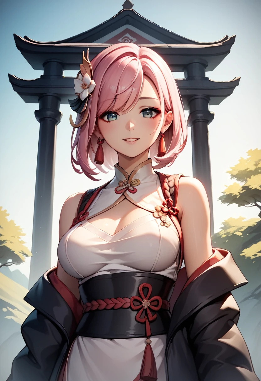 a beautiful young woman, 25 years old, wearing traditional Chinese clothing, standing in an old temple, her medium-length hair flowing, pink hair, her eyes rendered in an anime style, happy, her medium-sized breasts accentuated,, (best quality, masterpiece, 4k, ultra-detailed), intricate details, dramatic lighting, cool angle, simple background, temple
