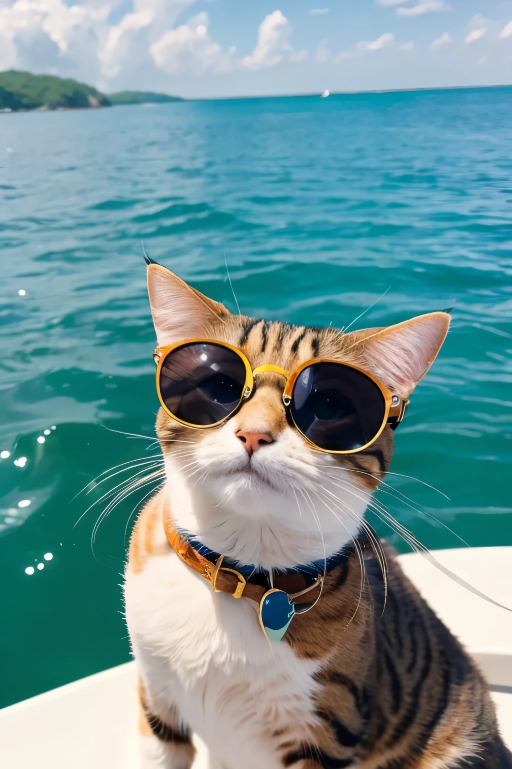 A comical illustration of a cat wearing sunglasses on a small boat