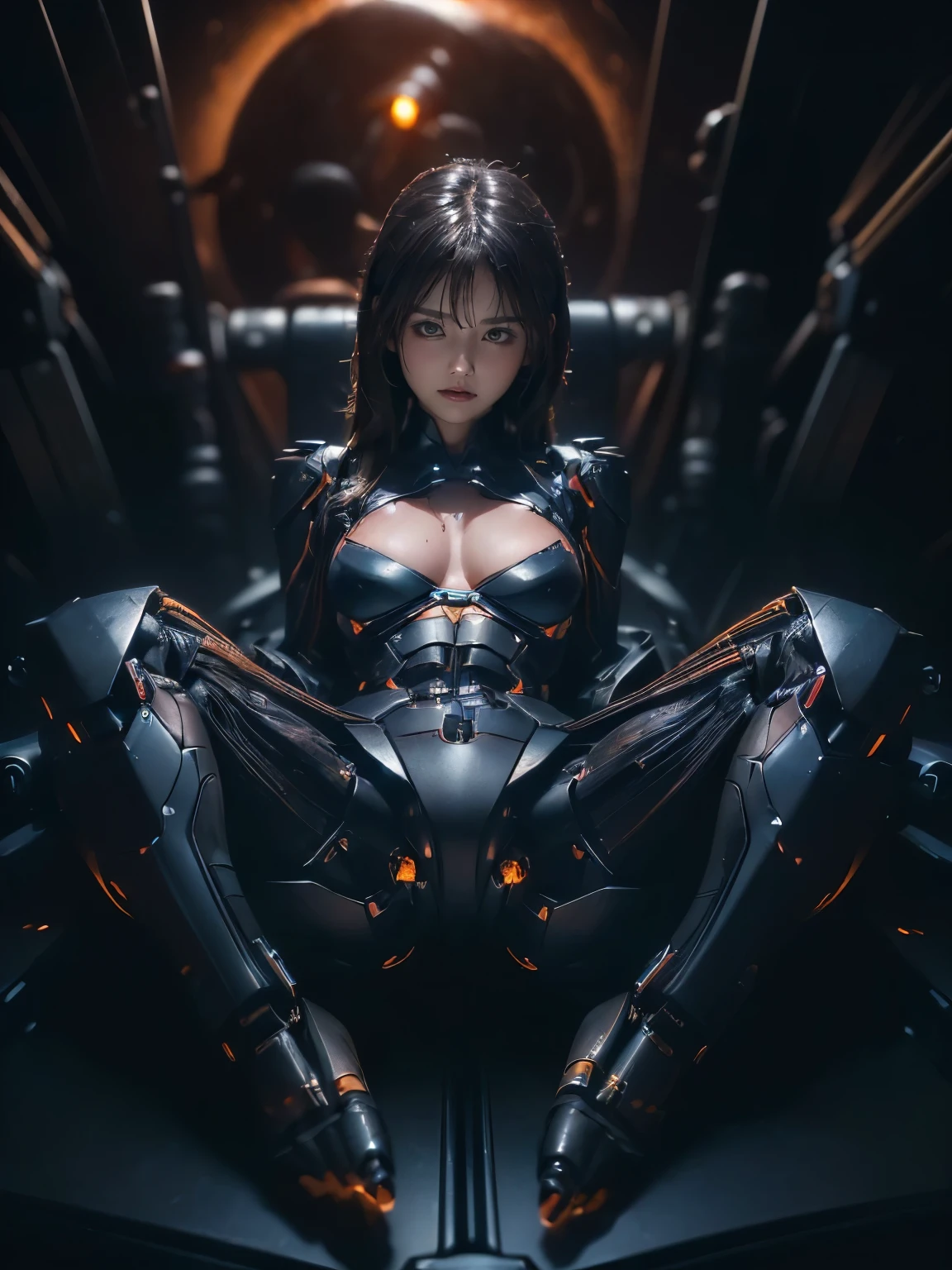 (a humanoid has mechanical body and head, whole body with destroyed image, (((emit rays from lenses on her breasts, spread legs, foot))), (cables), round face, combat scene), ((mechanical chest and legs, ((dropping machine oil from her body)))), drooping eyes,