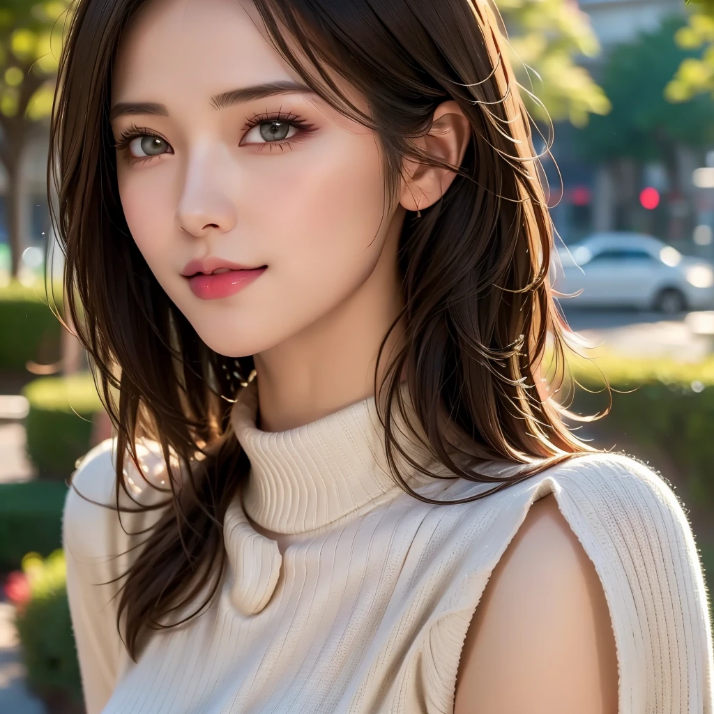 1girl, short dark brown hair, alluring green eyes, full pink lips, large bust, turtle neck t-shirt, denim vest, outdoor garden setting, soft warm lighting, cinematic, best quality, 8k, highres, masterpiece, ultra-detailed, realistic, photorealistic, photo-realistic, beautiful detailed eyes, beautiful detailed lips, extremely detailed face and eyes, long eyelashes, intricate clothing textures, elegant posing, warm smile, romantic atmosphere, cinematic lighting, lush greenery, blooming flowers, golden hour, mystical, dreamlike