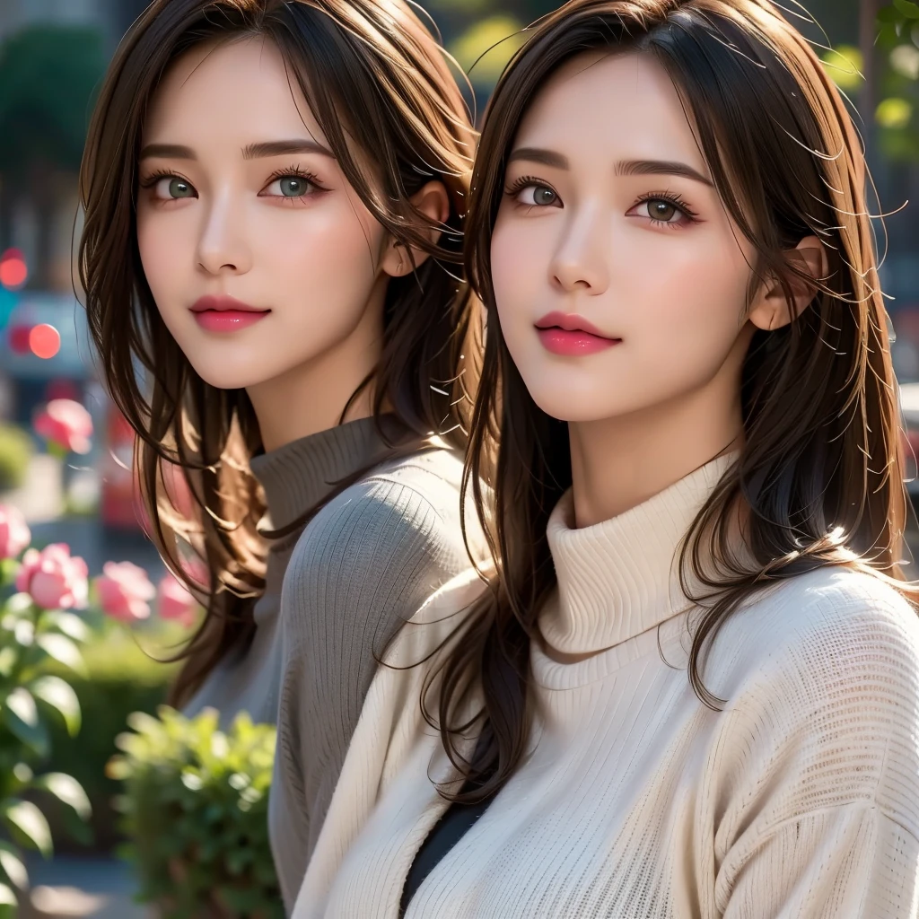 1girl, short dark brown hair, alluring green eyes, full pink lips, large bust, turtle neck t-shirt, denim vest, outdoor garden setting, soft warm lighting, cinematic, best quality, 8k, highres, masterpiece, ultra-detailed, realistic, photorealistic, photo-realistic, beautiful detailed eyes, beautiful detailed lips, extremely detailed face and eyes, long eyelashes, intricate clothing textures, elegant posing, warm smile, romantic atmosphere, cinematic lighting, lush greenery, blooming flowers, golden hour, mystical, dreamlike