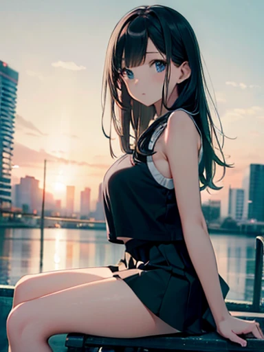 (8k、Highest quality、masterpiece:1.2)、(Realistic、Photorealistic:1.2)、Standing and looking at me、Angle seen from the ground、Under the skirt、Beautiful sky after rain、Staring at the audience、Laughter、Big ample breasts、Beautiful and beautiful eyes、Long black hair、Panty shot, One Piece、Sleeveless, masterpiece, Highest quality, Ultra-detailed、Crossing your legs、Raise one leg、