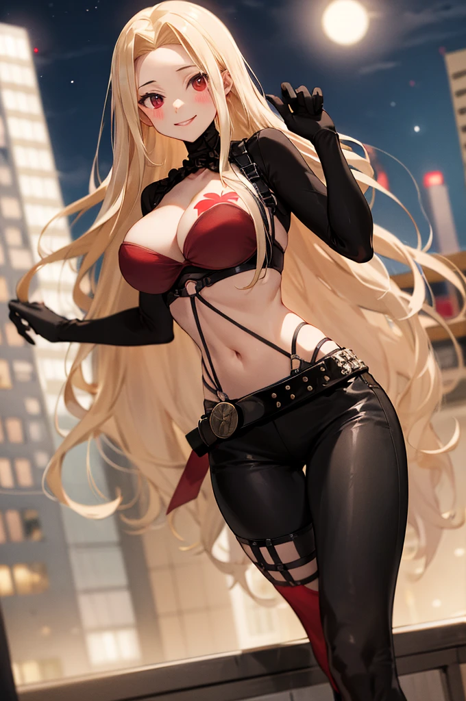 masterpiece, best quality, highres, aaluis, long hair, facial mark, mole under mouth, cleavage, breast tattoo, shrug (clothing), red bra, o-ring, long sleeves, black gloves, midriff, black belt, black pants, asymmetrical legwear, red thighhighs, smile, night, standing. cowboy shot, rooftop, city,