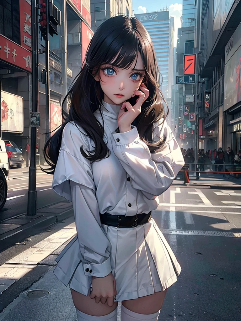 hyperrealisti, work of art, very detailled, sci-fi, dystopian, (gorgeous eyes ), (bangss), Brunetette, Woman,  face detailed, skin detailed, Loose Clothes, high socks, overskirt,  cyber punk, smooth light, underground dispersal,((horizont)), cumulonimbus clouds, busy street, polluted, dust,
