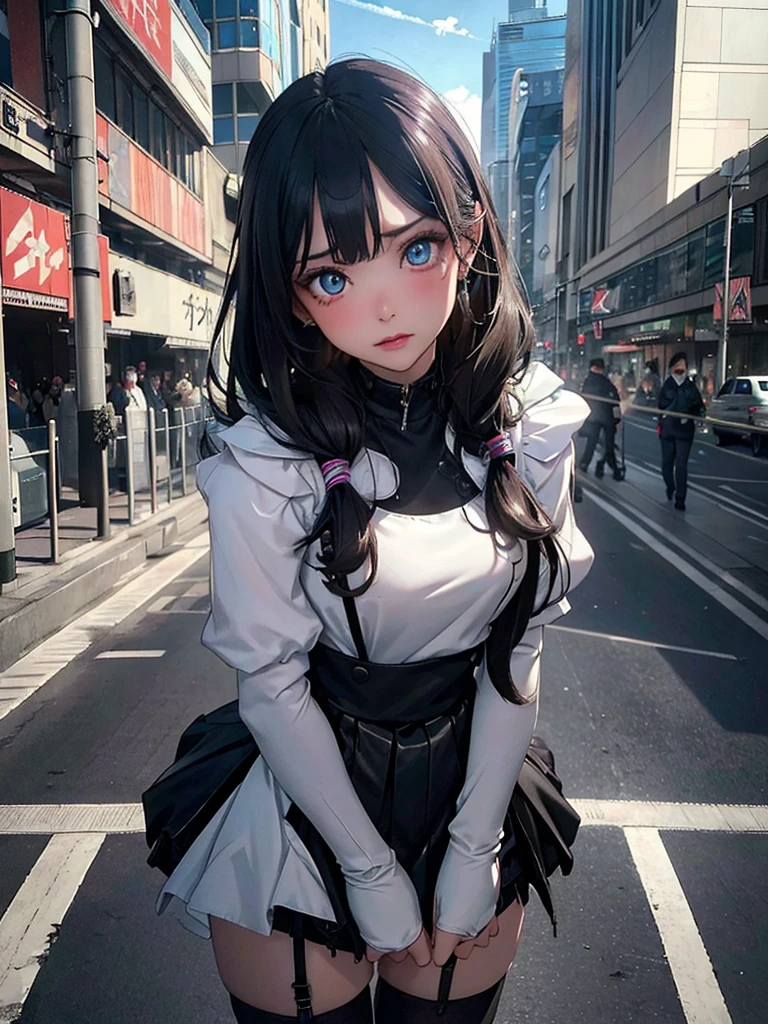 hyperrealisti, work of art, very detailled, sci-fi, dystopian, (gorgeous eyes ), (bangss), Brunetette, Woman, face detailed, skin detailed, Loose Clothes, high socks, overskirt, cyber punk, smooth light, underground dispersal,((horizont)), cumulonimbus clouds, busy street, polluted, dust,