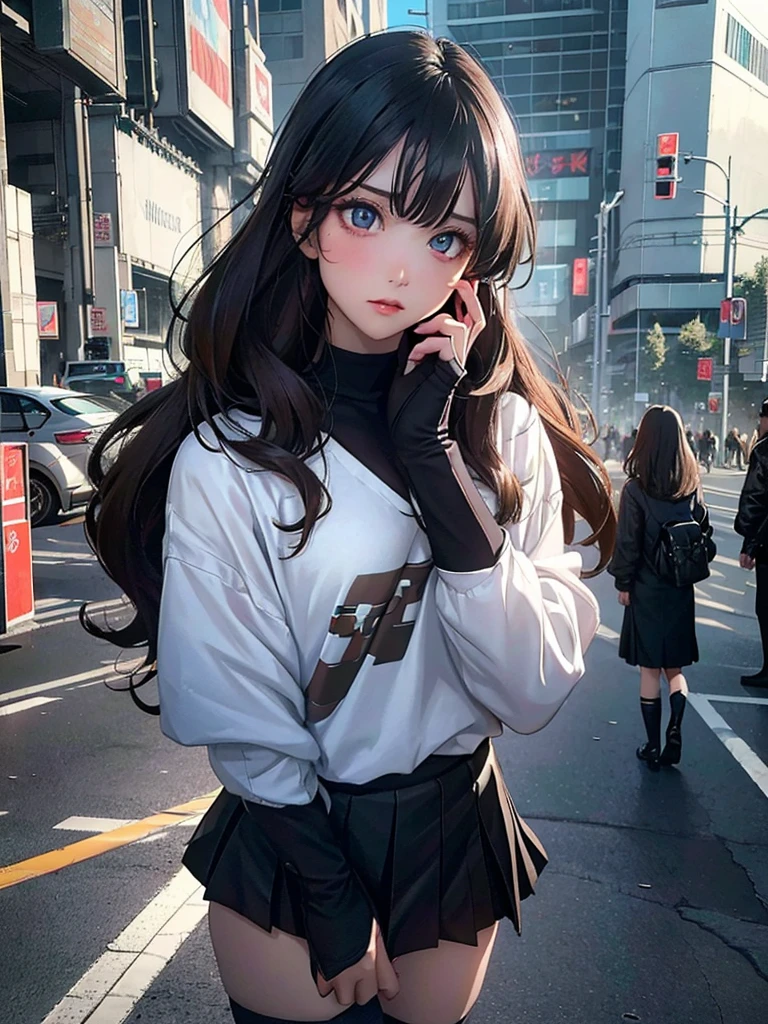 hyperrealisti, work of art, very detailled, sci-fi, dystopian, (gorgeous eyes ), (bangss), Brunetette, Woman,  face detailed, skin detailed, Loose Clothes, high socks, overskirt,  cyber punk, smooth light, underground dispersal,((horizont)), cumulonimbus clouds, busy street, polluted, dust,