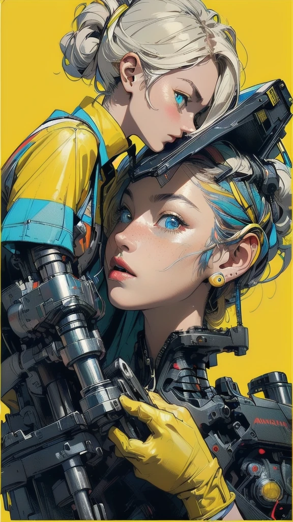 (((masterpiece, highest quality))),(((solo:1.2))),(((1girl:1.2))),32k wallpaper, very detailed, poster, vintage science fiction,(((((geometric cinematic movie poster))))), ((bauhaus)),(shape),(((abstract))),(mid century modern),movie poster,(((((portfolio))))),(((((Close-up))))),(((((bust up))))),((((more various angle)))),((((highlight)))),((((heterochromia)))),(((complete. detailed face))),((((Extremely talented)))),(((((most complecated futristic machine))))),(Colorful color scheme),(((detailed unlimited mechanic complete Equipment))),(((Absolutely Bright yellow background))),(((Matte texture background))),(((Side angle)))