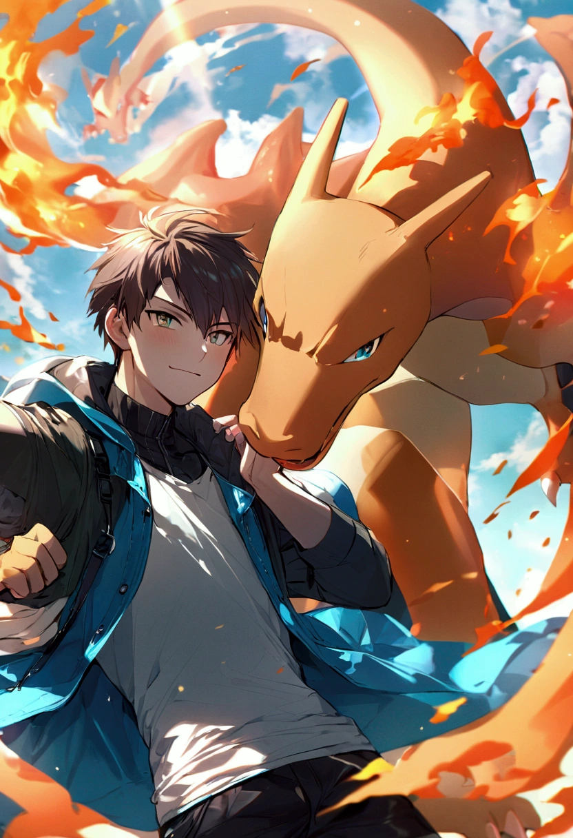 A boy playing with Charizard, Charizard is Brave and cool,