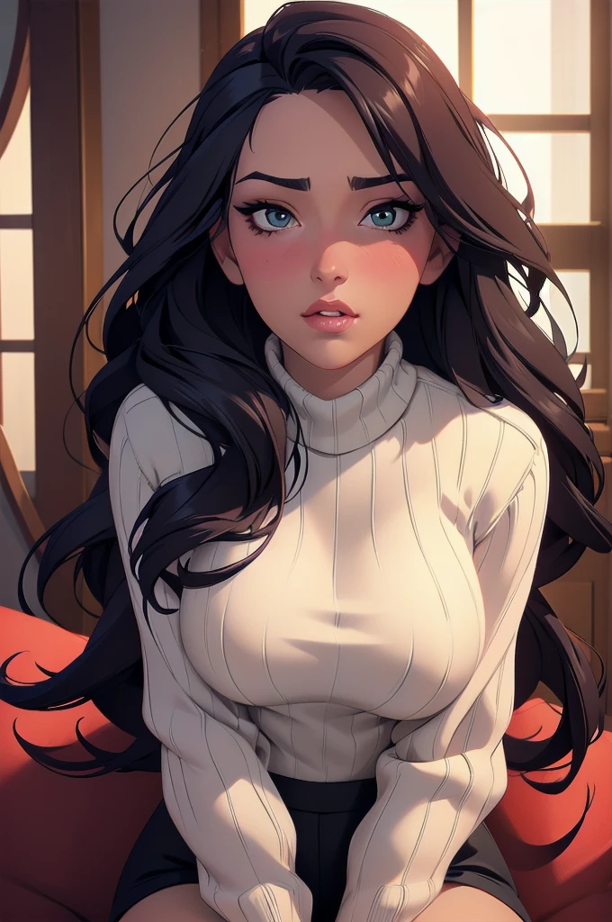 Sexy woman, perfect hair, amazing makeup, seductive gaze, blushing intensely, ready to kiss, long oversized sweater, sitting comfortably on couch, window, natural light beaming through window, beautiful face, seductively gazing at us, very seductively provocative