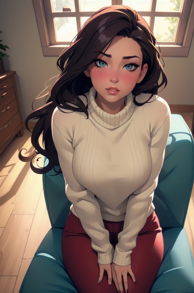 Sexy woman, perfect hair, amazing makeup, seductive gaze, blushing intensely, ready to kiss, long oversized sweater, sitting comfortably on couch, window, natural light beaming through window, beautiful face, seductively gazing at us, very seductively provocative