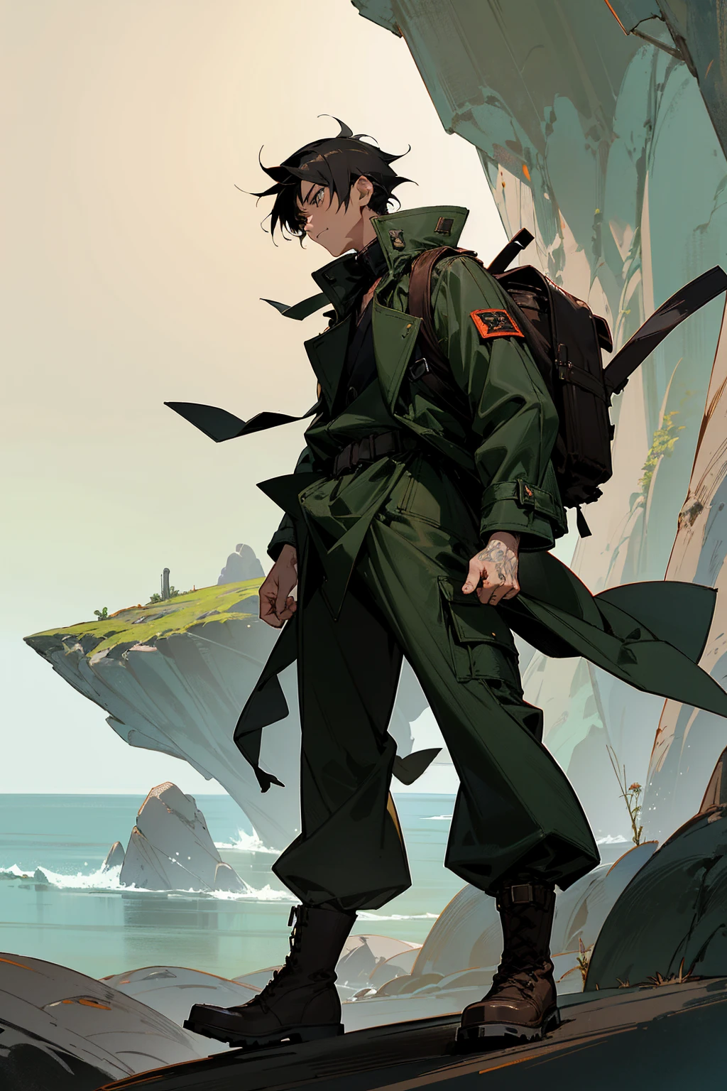 1male, jet black hair, styled in a spiky anime-inspired fashion, intense amber eyes, adventurous expression, oversized forest green trench coat with a high collar, baggy gray cargo pants, rugged brown combat boots, a vintage leather backpack, serene cliffside background with sweeping ocean views and dramatic rock formations, detailed face, hands to side, standing on path