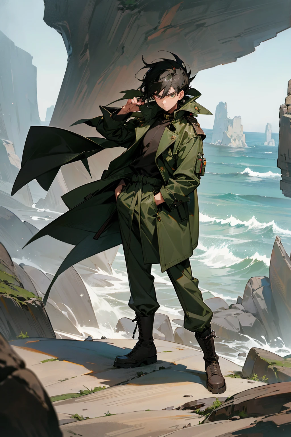 1male, jet black hair, styled in a spiky anime-inspired fashion, intense amber eyes, adventurous expression, oversized forest green trench coat with a high collar, baggy gray cargo pants, rugged brown combat boots, a vintage leather backpack, serene cliffside background with sweeping ocean views and dramatic rock formations, detailed face, hands to side, standing on path