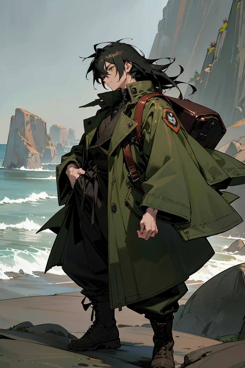 1male, jet black hair, styled in a spiky anime-inspired fashion, intense amber eyes, adventurous expression, oversized forest green trench coat with a high collar, baggy gray cargo pants, rugged brown combat boots, a vintage leather backpack, serene cliffside background with sweeping ocean views and dramatic rock formations, detailed face, hands to side, standing on path