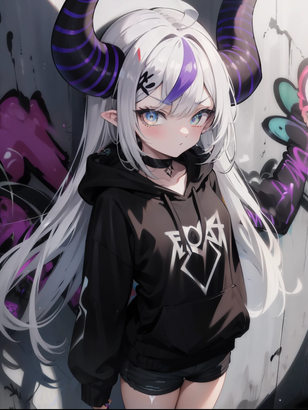 Black hoodie,Wearing a hood,Denim shorts, choker, (graffiti:1.5), Paint splashes, Put your arms behind your back, Against the wall, Looking at the audience, Thigh straps, Tilt your head, was bored, Blowing bubble gum, Pink bubble gum,
壊す looking at viewer,
Outdoor rest, Destroy the back alley (masterpiece:1.2), Highest quality, High resolution, unity 8k wallpaper, (shape:0.8), (Fine and beautiful eyes:1.6), Highly detailed face, Perfect lighting, Highly detailed CG, (Perfect hands, Perfect Anatomy),