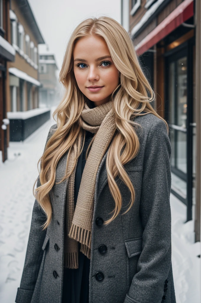 professional portrait photograph of a gorgeous Norwegian girl in winter clothing with long wavy blonde hair, sultry flirty look, gorgeous symmetrical face, cute natural makeup, wearing elegant warm winter fashion clothing, ((standing outside in snowy city street)), stunning modern urban environment, ultra realistic, concept art, elegant, highly detailed, intricate, sharp focus, depth of field, f/1. 8, 85mm, medium shot, mid shot, (((professionally color graded))), bright soft diffused light, (volumetric fog), trending on instagram, hdr 4k, 8k