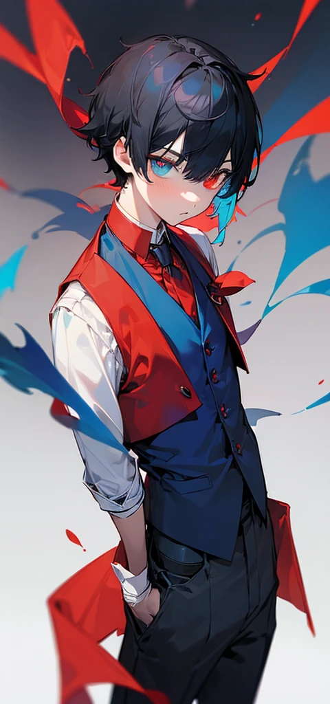 ((((nobackground)))),1boy,standing,  shorthair, dark black hair, (((heterochromic,red&blue))),vest, blue Clothes,