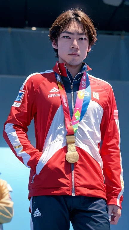 male, alone, (Gold Medalist), (Podium), (Medals), audience, 大きいMedals, Spotlight, Frowning, A moving moment, Flag on background, Olympic logo on background