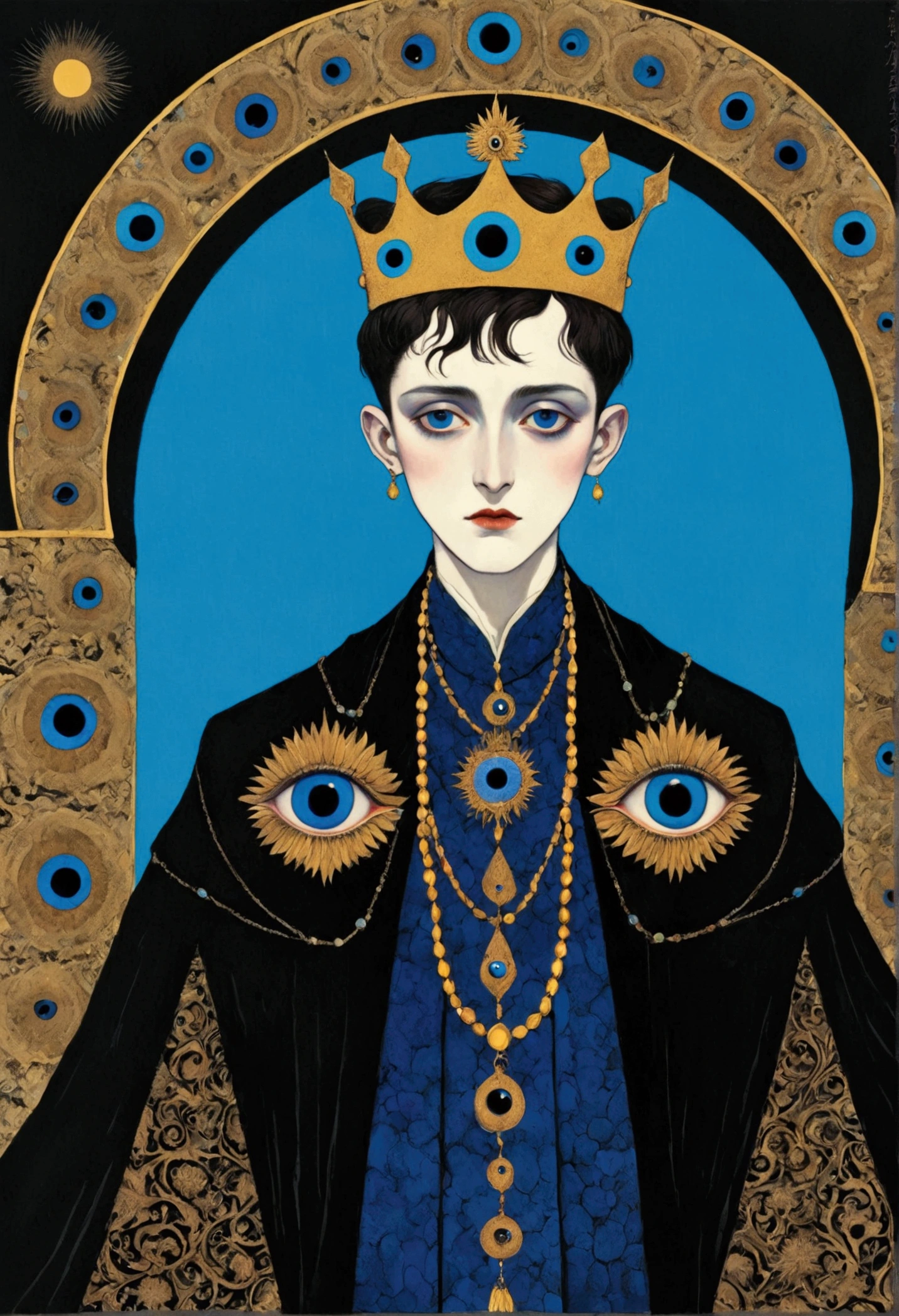 Harry Clark (Harry Clarke) style,圣地亚哥·卡鲁索style,Third Eye Vision。king,crown,short hair,3d,Dark eyeshadow,whole body,robe,Wide Angle,Black and blue,Solid color background