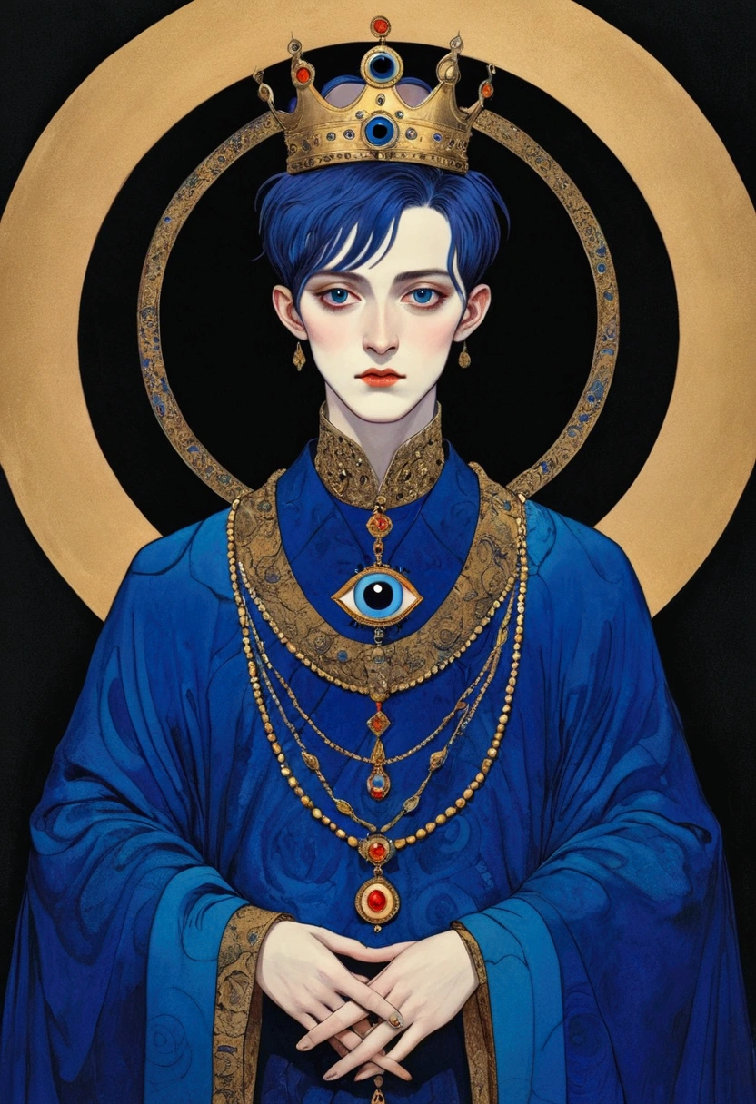 Harry Clark (Harry Clarke) style,圣地亚哥·卡鲁索style,Third Eye Vision。king，crown，short hair，3d，Dark eyeshadow，whole body，robe，Wide Angle，Black and blue，Solid color background