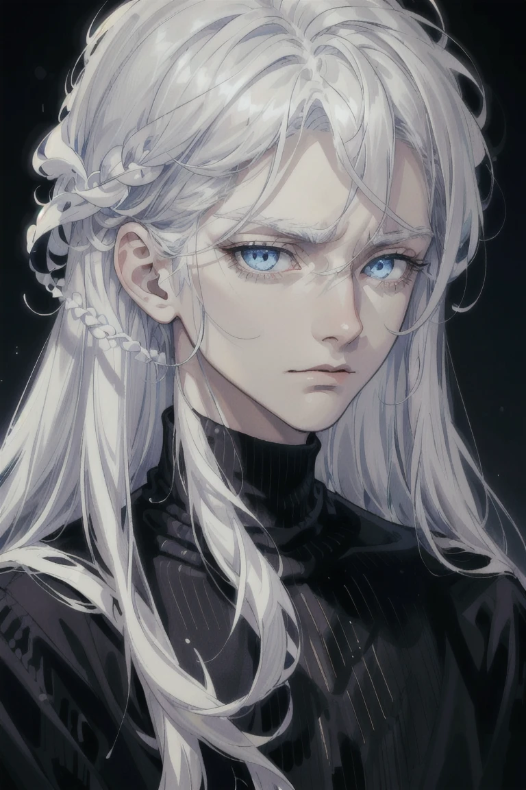 ((1 boy)), detaile close portrait, (long straight white hair), loose hair, (Hair closes the eyes), big Blue eyes, long eyelashes, beautiful detailed eyes, modest, quiet, lonely, An anxious look, upset, black soft sweater, soft light, beautiful detailed face, 8K, masterpiece, dark background, details on the background