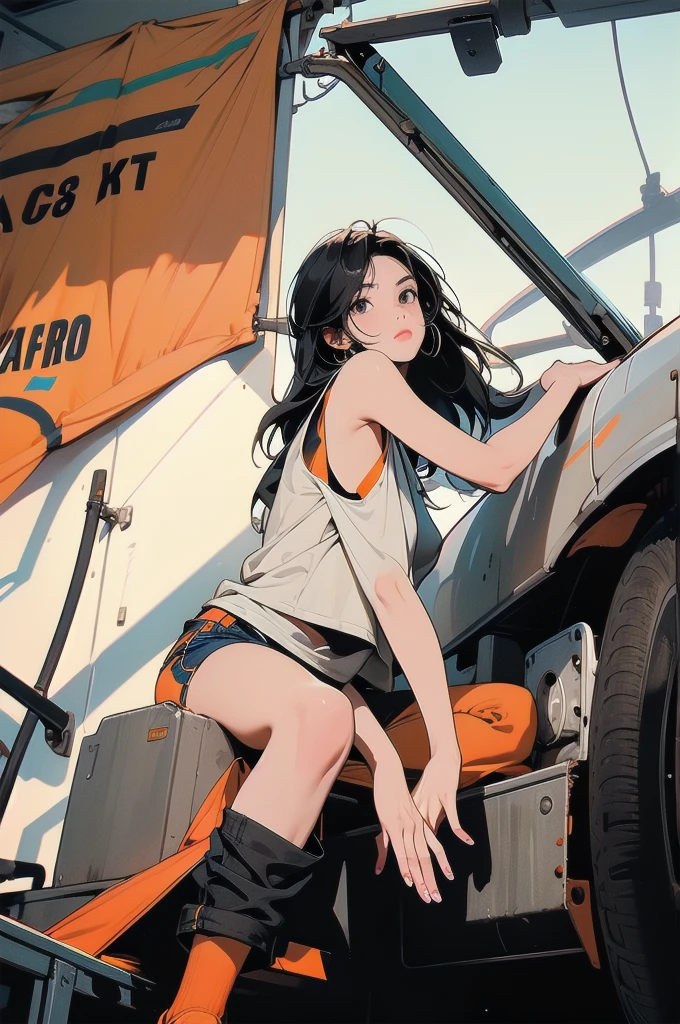 1girl, solo, long hair, looking at viewer, shirt, black hair, sitting, shoes, sleeveless, pants, medium hair, black eyes, black shirt, sleeveless shirt, ground vehicle, yellow pants, orange pants, washing machine