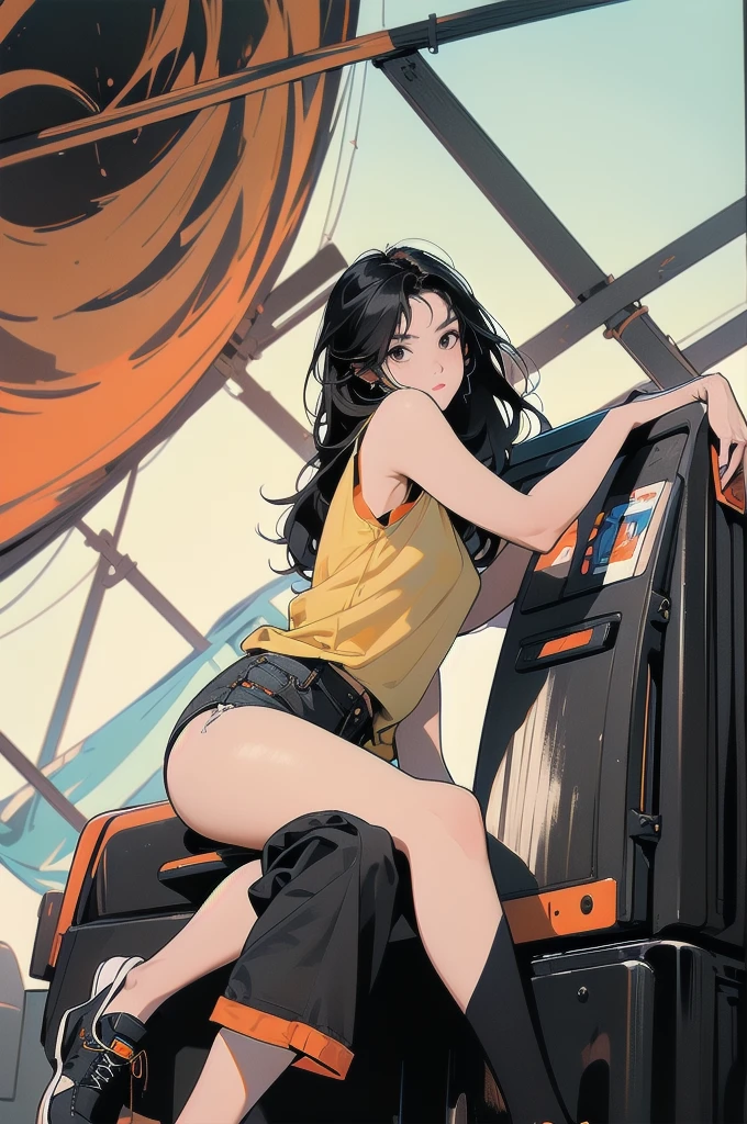 1girl, solo, long hair, looking at viewer, shirt, black hair, sitting, shoes, sleeveless, pants, medium hair, black eyes, black shirt, sleeveless shirt, ground vehicle, yellow pants, orange pants, washing machine