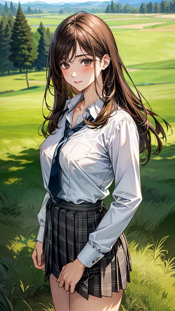 (masterpiece:1.3, top-quality), ultra high res, ultra detailed, (realistic, photorealistic:1.4), beautiful illustration, perfect lighting, colorful, depth of fields, 
looking at viewer, (face focus, upper body), 1 girl, solo, hight school girl, gravure model, (large breasts:0.8, large ass, seductive thighs, skindentation),
(long hair:1.2, straight hair:1.2, (saddle-brown colored) hair), swept bangs, (brown) eyes, drooping eyes, big eyes, shiny skin, slender, 
beautiful hair, beautiful face, extremely detailed face, beautiful detailed eyes, beautiful clavicle, beautiful body, beautiful chest, beautiful thigh, beautiful legs, beautiful fingers, 
(detailed cloth texture, In the grass of a meadow, a girl stands, slightly, legs open. A complete body. Complete hands and legs. Thin waist.

Her face, bright red, flush and shy.
You can see her nipples standing out, even through her shirt. Her breasts are so large that you can see them even through the top of her shirt. （The skirt is shorter than normal, but it is a very short mini-pleated skirt that almost reveals her panties.)The girl has brown hair.


(The skirt is extremely short.) grey plaid tie, collared long sleeve white shirt, grey plaid pleated skirt), black socks, white panties, 
(beautiful scenery), 