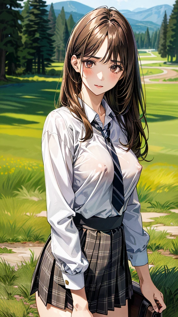 (masterpiece:1.3, top-quality), ultra high res, ultra detailed, (realistic, photorealistic:1.4), beautiful illustration, perfect lighting, colorful, depth of fields,
looking at viewer, (face focus, upper body), 1 girl, solo, hight school girl, gravure model, (large breasts:0.8, large ass, seductive thighs, skindentation),
(long hair:1.2, straight hair:1.2, (saddle-brown colored) hair), swept bangs, (brown) eyes, drooping eyes, big eyes, shiny skin, slender,
beautiful hair, beautiful face, extremely detailed face, beautiful detailed eyes, beautiful clavicle, beautiful body, beautiful chest, beautiful thigh, beautiful legs, beautiful fingers,
(detailed cloth texture, In the grass of a meadow, a girl stands, slightly, legs open. A complete body. Complete hands and legs. Thin waist.
Her face, bright red, flush and shy.
You can see her nipples standing out, even through her shirt. Her breasts are so large that you can see them even through the top of her shirt. (The skirt is shorter than normal, but it is a very short mini-pleated skirt that almost reveals her panties.)The girl has brown hair.
(The skirt is extremely short.) grey plaid tie, collared long sleeve white shirt, grey plaid pleated skirt), black socks, white panties,
(beautiful scenery),