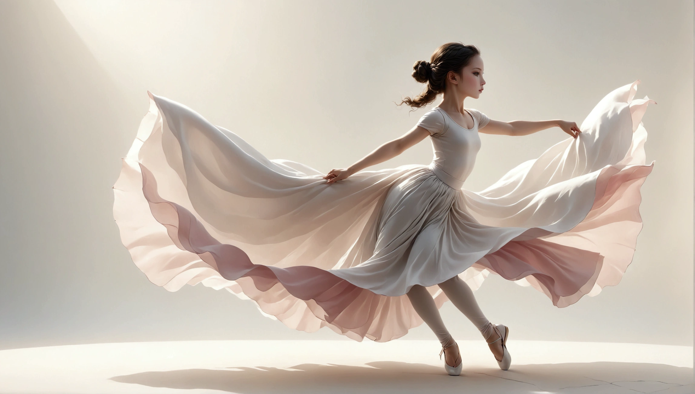 Dance photography;A dancer,Solitary;A dancing girl;Long skirt,Plain style,Gray pink and white gradient,Traditional style,Smudged skirt hem;Dance beautifully;elegant,Flexible skirt;Long hair。((Full body panorama 1.5)),front; Simple style;Minimalism。White background,Pure white background;Panoramic photography;Depth of Field, Extraordinary details, masterpiece, high quality, 4K,cinematic lighting, motion blur, depth of field, sparkle, ray tracing, reflection light, anatomically correct, uhd, textured skin, best quality, super detail, highres, high details, accurate, high quality, award winning