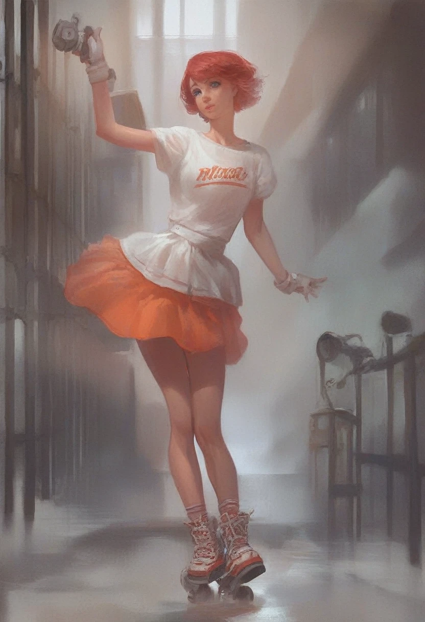 beautiful red hair, blue eyes, shiny orange overall, short shiny skirt, attire, open hair, American, 19 years old, Beautiful girl, prisoner, Roller skating in a prison yard, adorable, 1 girl