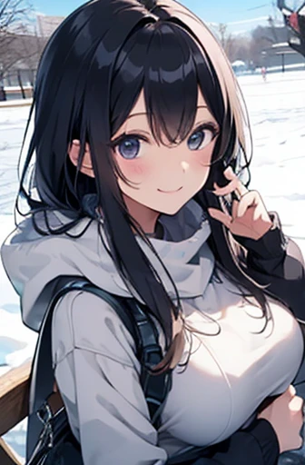 (Pretty Girl:1.3)、 smile,winterの雰囲気、snow玉を投げる、winter、snow、cold,Big Breasts、Long black hair