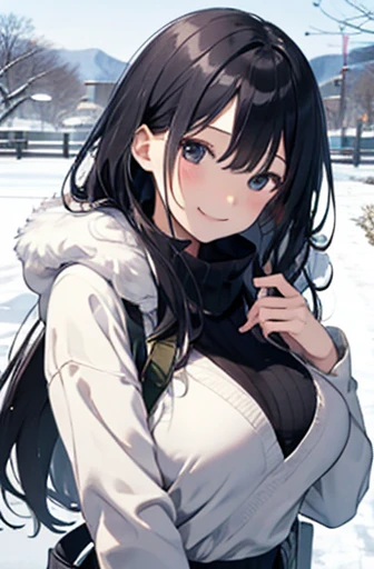 (Pretty Girl:1.3)、 smile,winterの雰囲気、snow玉を投げる、winter、snow、cold,Big Breasts、Long black hair
