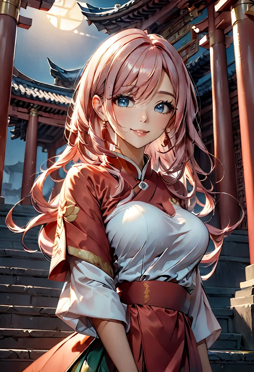 a beautiful young woman, 25 years old, wearing traditional Chinese clothing, standing in an old temple, her medium-length hair flowing, pink hair, her eyes rendered in an anime style, happy, her medium-sized breasts accentuated,, (best quality, masterpiece, 4k, ultra-detailed), intricate details, dramatic lighting, cool angle, simple background, temple