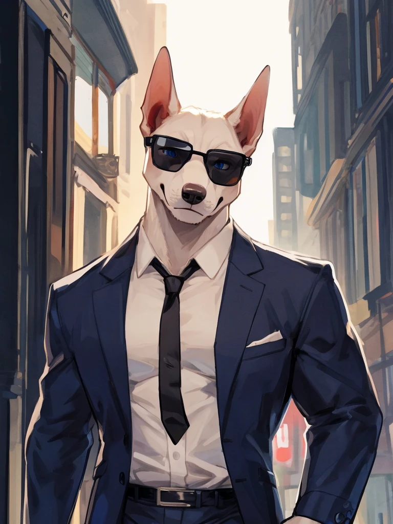 ((Best quality, masterpiece, detailed anatomy, detailed eyes, detailed hands, perfect lighting, perfect shading.)), by Bebebebebe, by K0bit0wani, by Zackary911, 1Male, Pitbull, white furs, dark blue eyes, big muscular body, adult body, unbuttoned suit, sunglass, In front of the night club entrance