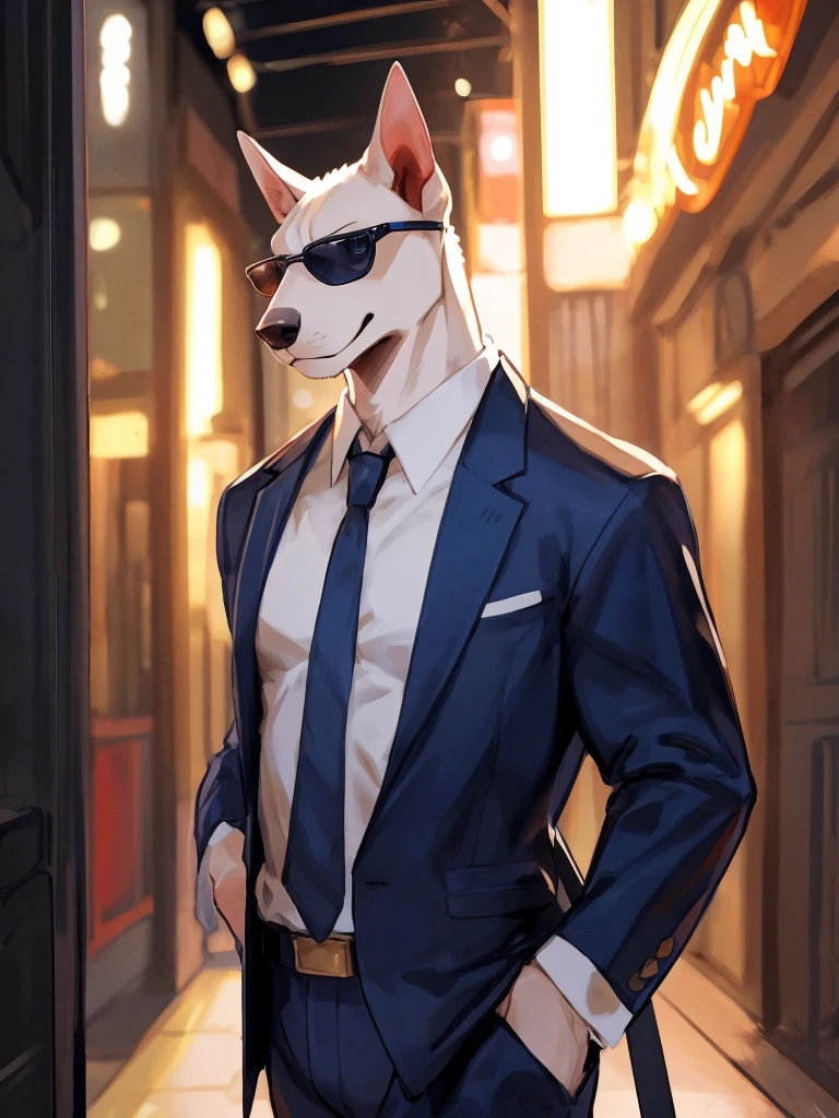 ((Best quality, masterpiece, detailed anatomy, detailed eyes, detailed hands, perfect lighting, perfect shading.)), by Bebebebebe, by K0bit0wani, by Zackary911, 1Male, Pitbull, white furs, dark blue eyes, big muscular body, adult body, unbuttoned suit, sunglass, In front of the night club entrance