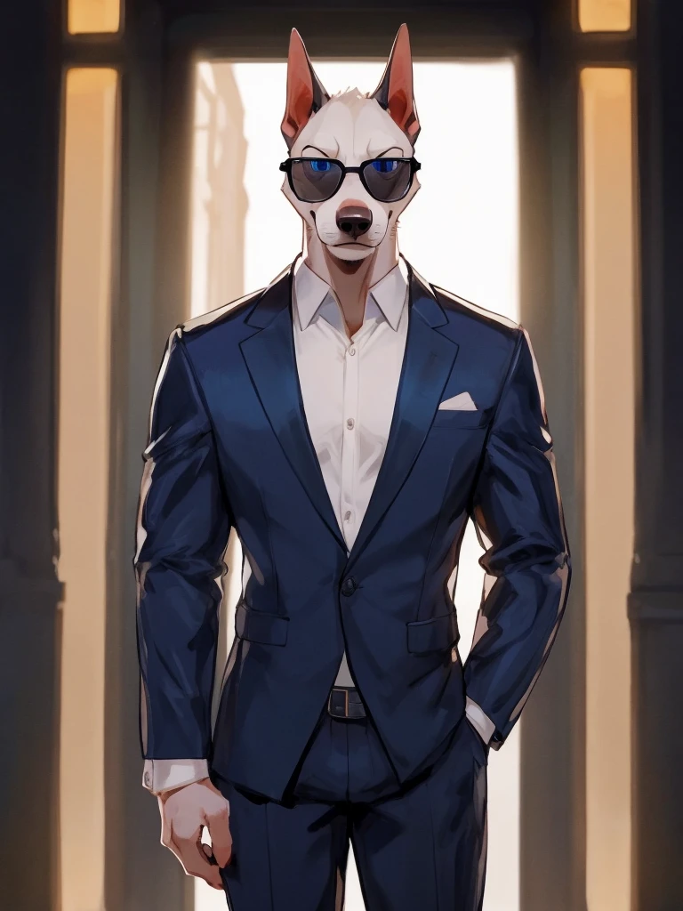 ((Best quality, masterpiece, detailed anatomy, detailed eyes, detailed hands, perfect lighting, perfect shading.)), by Bebebebebe, by K0bit0wani, by Zackary911, 1Male, Pitbull, white furs, dark blue eyes, big muscular body, adult body, unbuttoned suit, sunglass, In front of the night club entrance