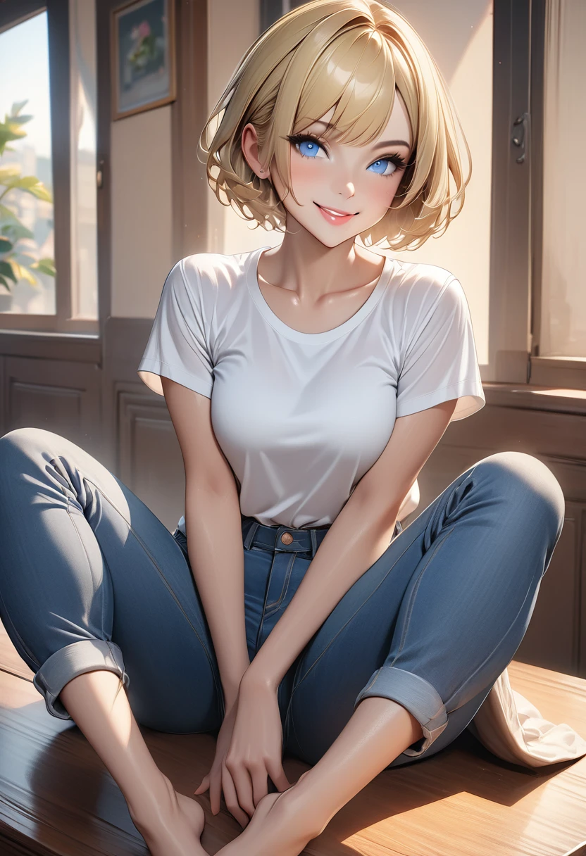 (masterpiece, best quality:1.2), solo, a cute lady, blonde hair, pixie cut, blue eyes, smile, white T shirt and long denim pants, sitting on the table, Generated in SFW, ARW