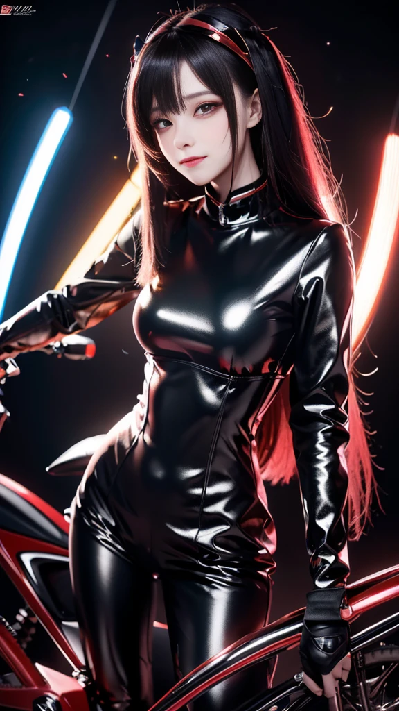 high resolution,8k,1女の子のDetailed, Cyberpunk Costume,Only black clothing,The costume is shiny,Shiny red long hair,8k,Detailed目,8k, Detailed,The background is white,Astride a motorcycle,Have a handle,The bike is heading this way