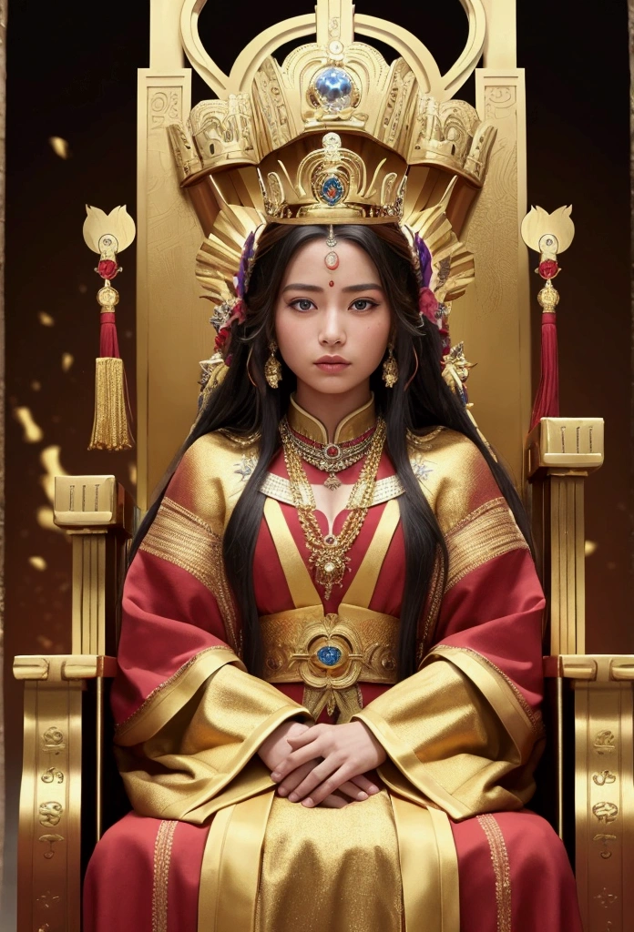 Create a cinematic and realistic scene in the style of the Inca Empire, depicting the legendary golden city of El Dorado. The main focus is a young, beautiful queen, a 17-year-old Japanese-Inca mix, wearing a magnificent golden dress and a crown, sitting on a golden throne at the top of a grand staircase. She gazes down at her subjects with a commanding and regal expression. The entire scene is bathed in gold, with sparkling highlights emphasizing the richness of the setting. Below the throne, a line of subjects dressed in traditional Incan attire stand in reverence. The background showcases the splendor of the golden city, reinforcing the opulence and grandeur of the queen’s coronation. The composition should capture the full-body view of the queen on her throne, with the subjects clearly visible below, highlighting the majestic and ceremonial atmosphere of the new queen’s ascension to the throne. Ultra-realistic, highly detailed 3D rendering with vibrant colors, creating an epic moment worthy of a fantasy movie."