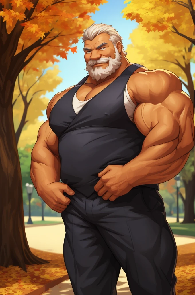 a muscular old man in park, tank top, happy, autumn, suits, vector, mwvector, bokeh, smile, (masterpiece:1.2),(best quality,8k),huge and muscular,thick arms,short hair,white hair,hand on pocket