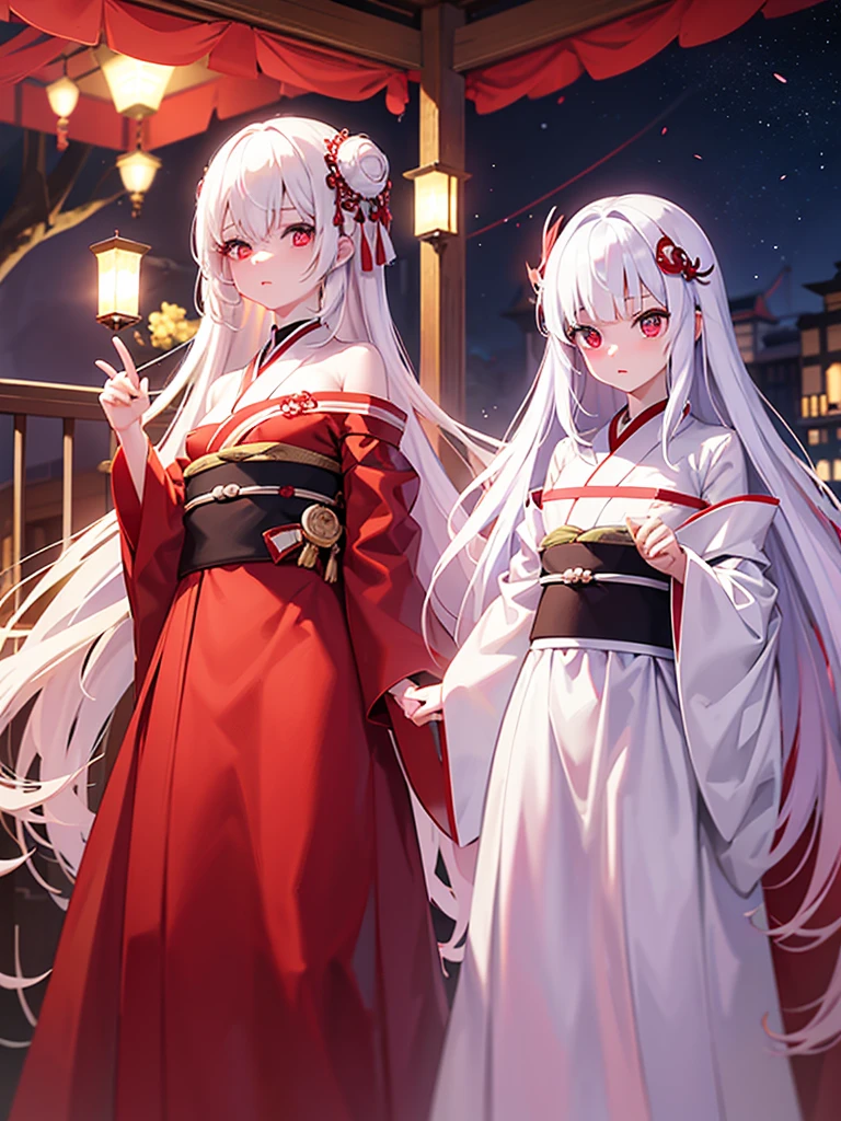 anime、Beautiful illustrations, Highest quality, Cute  girl, (Conversion Sequence), Shapeshifting Ghost 、Little、white、　Girl, albino, , Long pure white red mesh hair, Beautiful and detailed red eyes, Cinema Lighting, View your viewers, From below, Folding screen painting、kimono、stand、Night Dark、