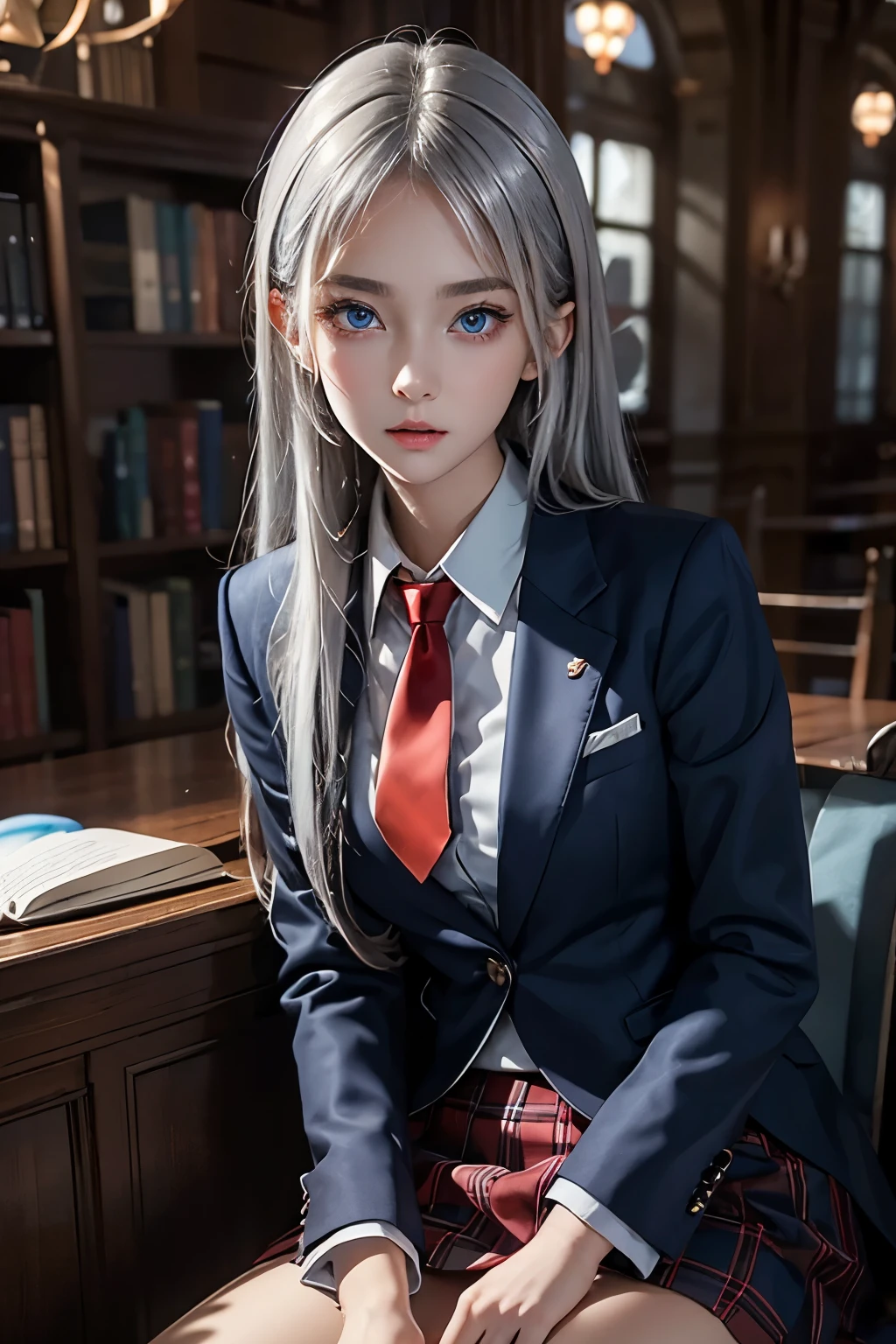masterpiece,Highest quality,Very detailed,beautiful girl,Silver Hair,blue eyes,Navy blue blazer uniform,Red tie,Red checked skirt, teenager,Perfect Face,Beautiful and detailed eyes,Beautiful Skin,skinny,Dynamic,A great library