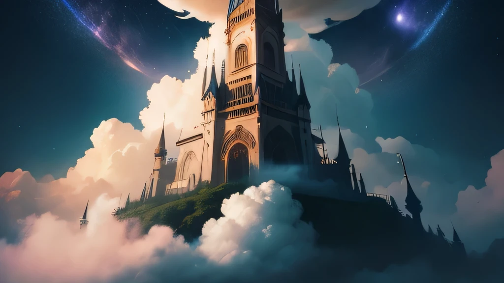 grow、Flowing、Fantasy、Vast, towering tower、Fantastic cloud shapes、Stars and rainbows in the distance