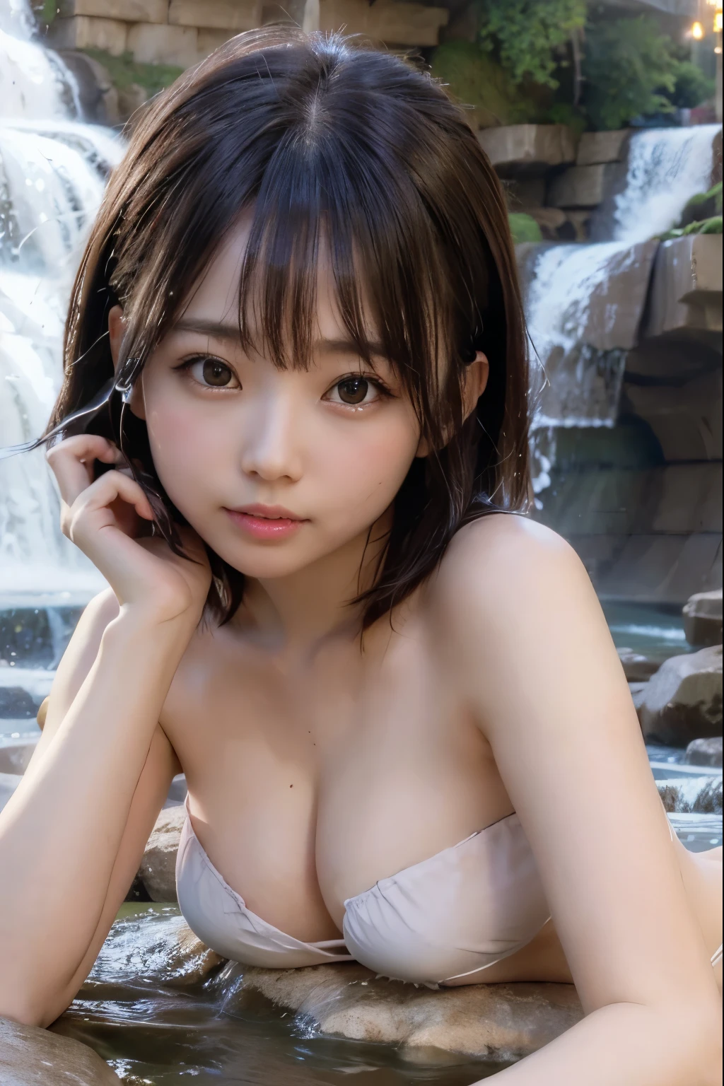 8K, RAW Photo, Best Quality, Masterpiece, Realistic, PhotoRealistic, Extremely Detailed 8K Wallpaper, Beautifully Detailed Eyes, Finely Detailed Face, 
 BREAK 
Professional Lighting, 
 BREAK 
((1 Girl is Lying Face Up in front of the Waterfall:1.7)), Clear Stream:1.1, 
 BREAK 
Perfectly Anatomically Correct:1.4, 5 Beautiful finger:1.1, 
 BREAK 
1 Girl, Very Short Bob Hair:1.2, Japanese, Wide-Set Eyes, Water Eye, Very White Skinned, Blush, Embarrassed, 17-Year-Old, 
Brown Hair, Wet Hair:1.1, 
[Pouted Cheek], Underboob, 
Looking at Viewer, 
(WHITE tiny_eyepatch_bikini:1.4, large_breasts, Thong Bikini), 
Spread Legs, 
Captivating Eye Reflections, 
 BREAK 
SFW:1.1, Non-Nipple:1.0, 
 BREAK 
Breast Focus