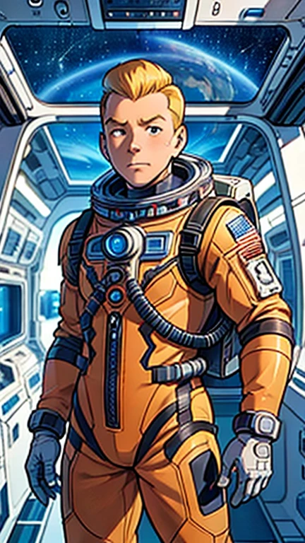 (1man, Tintin,1boy), (extremely detailed CG unit 8k wallpaper),(master part), (best quality), (ultra detail), (best illustration),(in the style of jackkirby60), cowboy shot, (Sharp eyeliner, ombre, detailed eyes:1), Outer Space Station interiors background, ,break , (astronaut in an orange space suit), upper body,short hair ,blonde hair, 