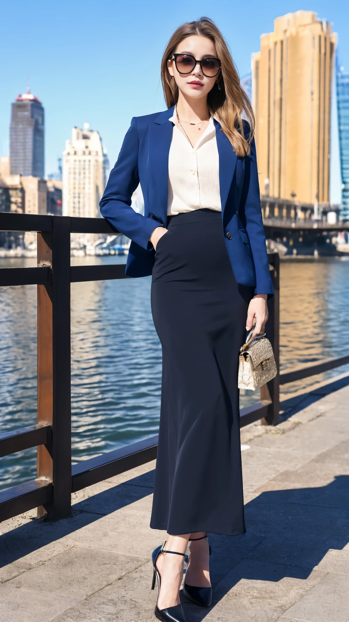 ((Highest quality, 8k, masterpiece:1.3、real:1.3))、Beautiful woman、snapshot、full body、sunglasses、City、Blazer and long skirt